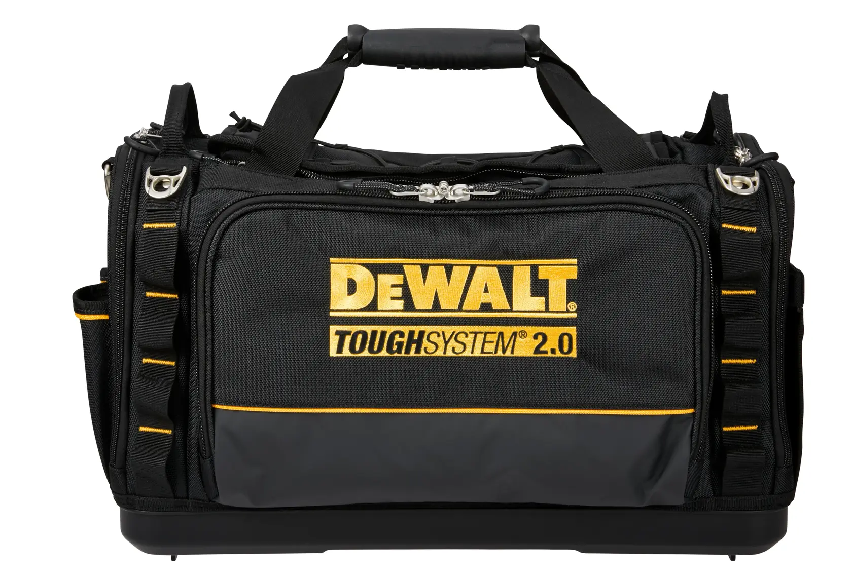 DEWALT ToughSystem 2.0 promotional graphic with the slogan 'Storage Built to Handle It' in large, bold yellow lettering on a dark, textured background.