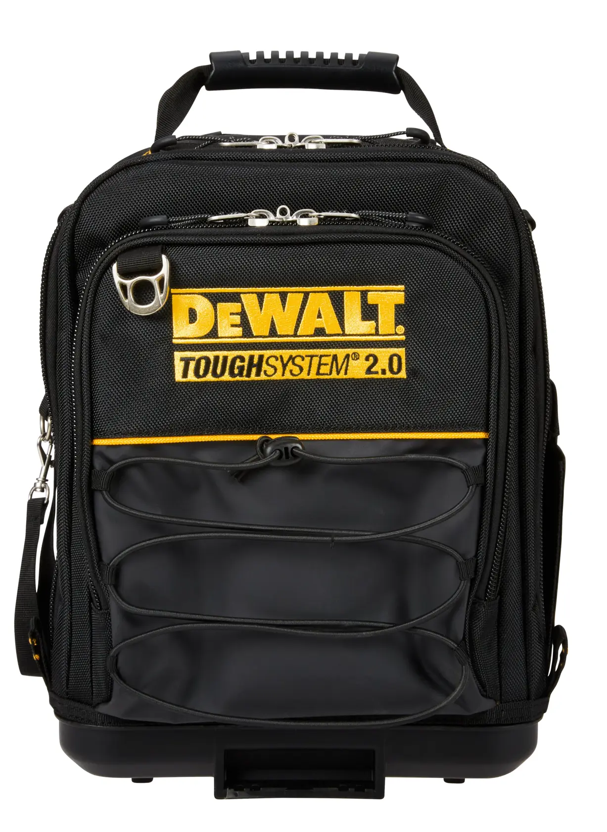 DEWALT ToughSystem 2.0 promotional graphic with the slogan 'Storage Built to Handle It' in large, bold yellow lettering on a dark, textured background.