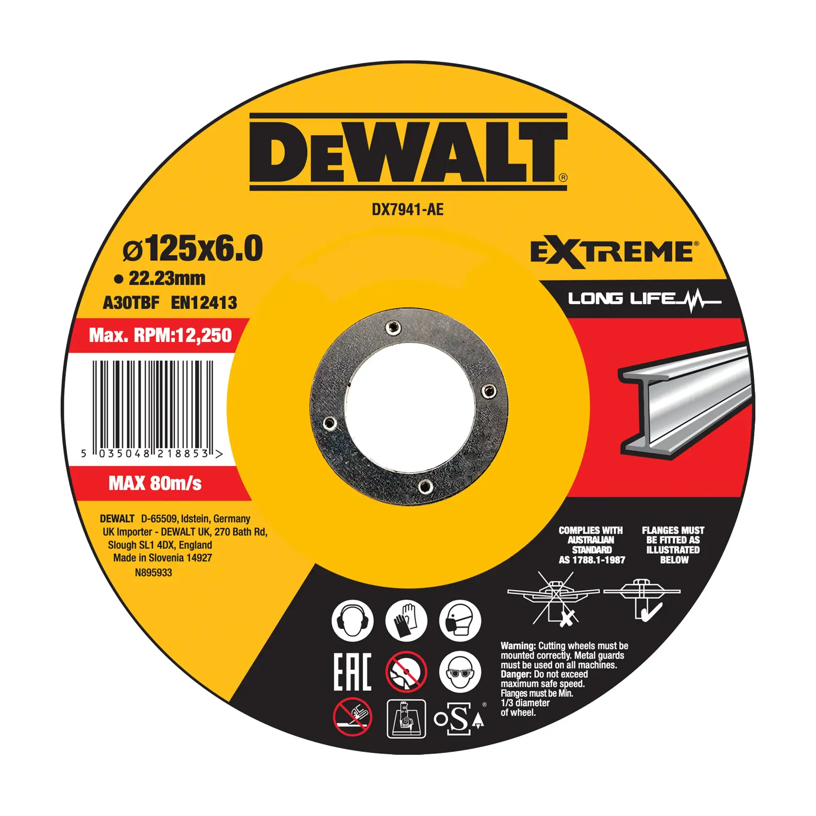 DEWALT grinding wheel DX7941, DX7941-AE for metal, 125x6mm size, labeled Extreme Long Life, photography category.